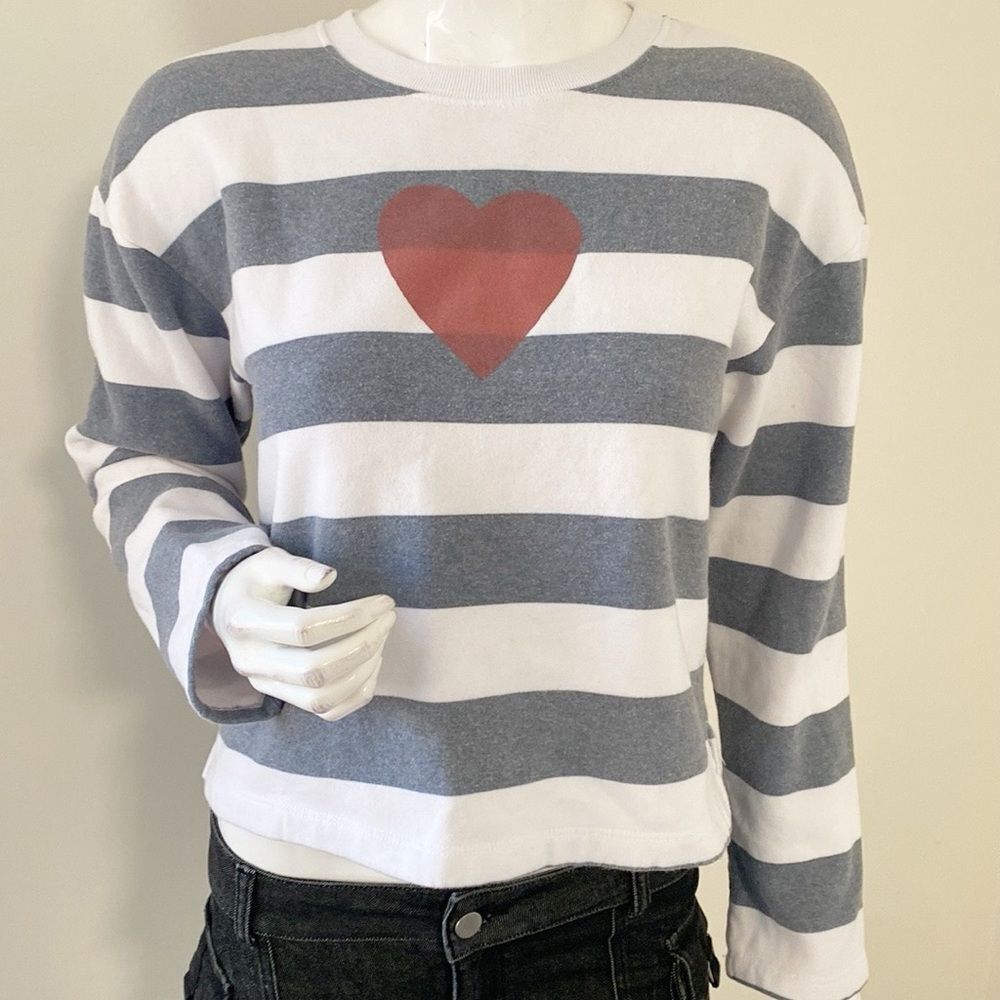 Sundry Gray and White Striped Sweatshirt with Red Heart